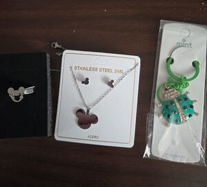 Mickey Mouse Stainless Steel Necklace and Ring Set With Ladybug bag Charm